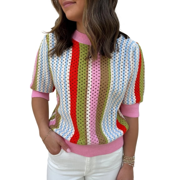 Women's Multicolour Striped Short Sleeve Knit Sweater for Daily Wear [ZhiHiMeRi] | XL