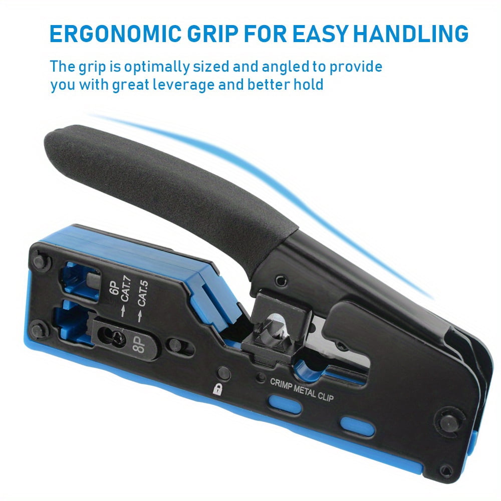 Professional RJ45 Crimp Tool with Pass-Through Technology - 8P8C Ethernet Cable Crimper, Stripper, and Cutter for Cat7, Cat6, Cat6a, Cat5e - All-in-One Network Cable Tool with Carbon Steel Body