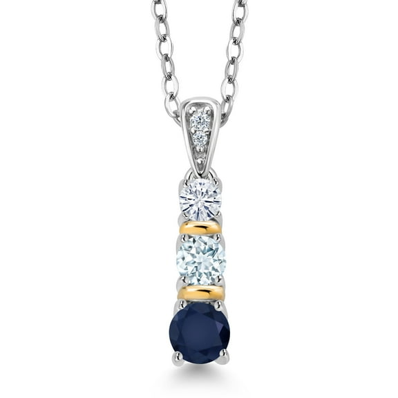 Gem Stone King 925 Silver and 10K Yellow Gold Round Blue Sapphire Sky Blue Aquamarine and White Moissanite Pendant Necklace for Women (0.62 Cttw, Gemstone September Birthstone, with 18 inch Chain)