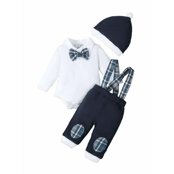 Fall Winter 3Pcs Cute Clohes for Newborn Baby Boys Outfits Long Sleeve Bow Tie Romper Tops Plaid Suspender Pants Hat 1-18M