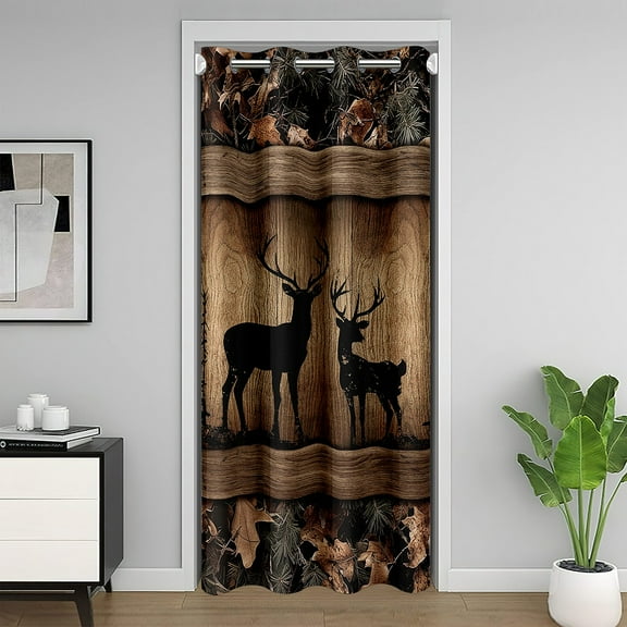 Elk Deer Moose Blackout Curtain 34"W X 80"L for Bedroom,Camo Hunting Animal Door Curtain for Doorway Privacy,Patchwork Rustic Wildlife Door Drape,Wooden Plank Room Divider Curtain