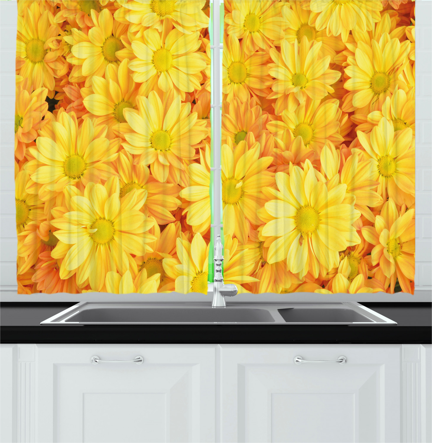 Yellow Flower Curtains 2 Panels Set, Lively Daisies Fresh Bouquets with Natural Seasonal Bedding Plant Petals, Window Drapes for Living Room Bedroom, 55W X 39L Inches, Yellow Marigold, by Ambesonne