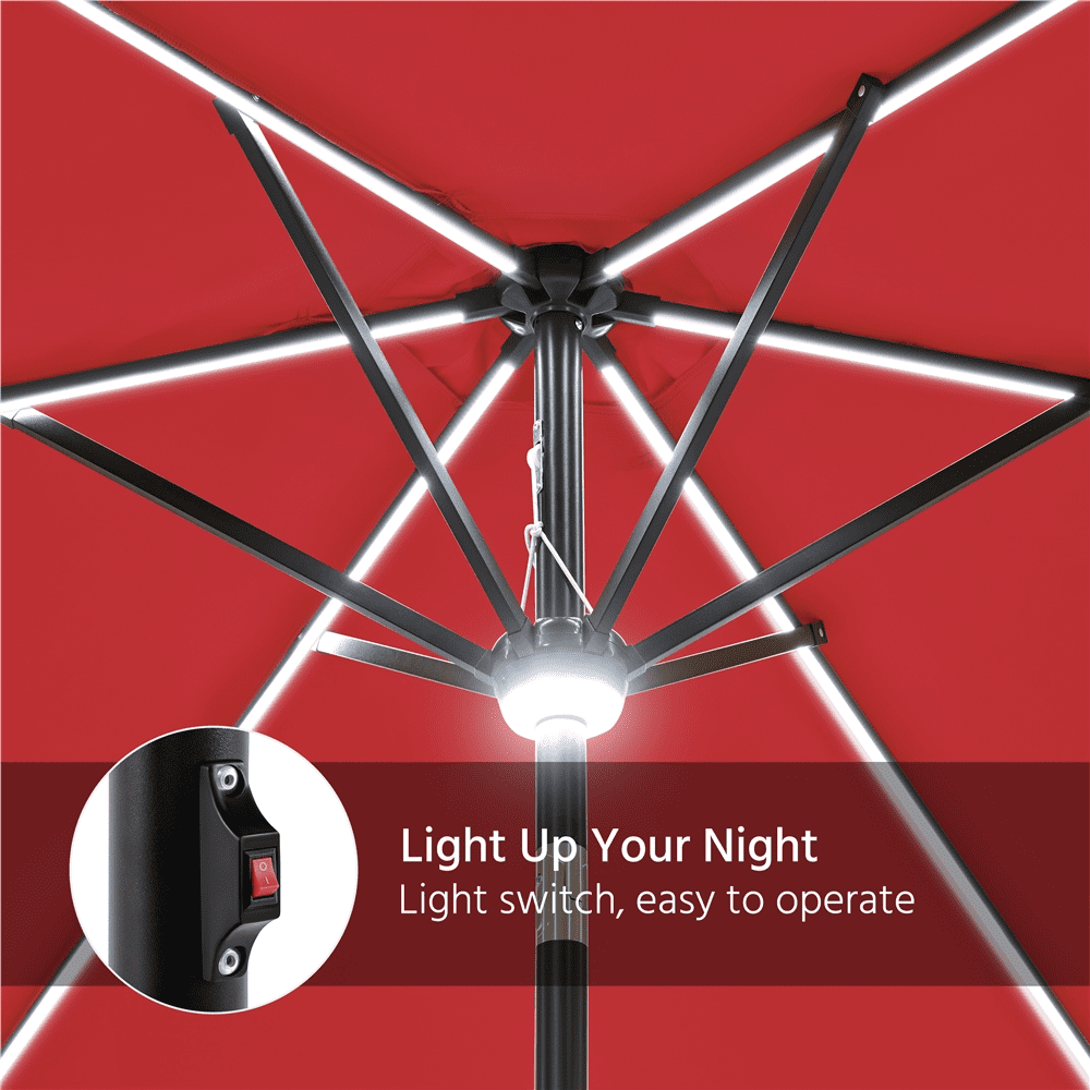 Renwick 9Ft Outdoor Patio Umbrella with Solar Powered LED Lights Strips, Red