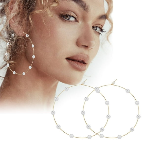 Pearl Earrings Large Hoops Super Huge Circle Pearls Earrings Thin Dangle Gold Silver Elegant Wedding Women Accessories Jewelry Gift For Her