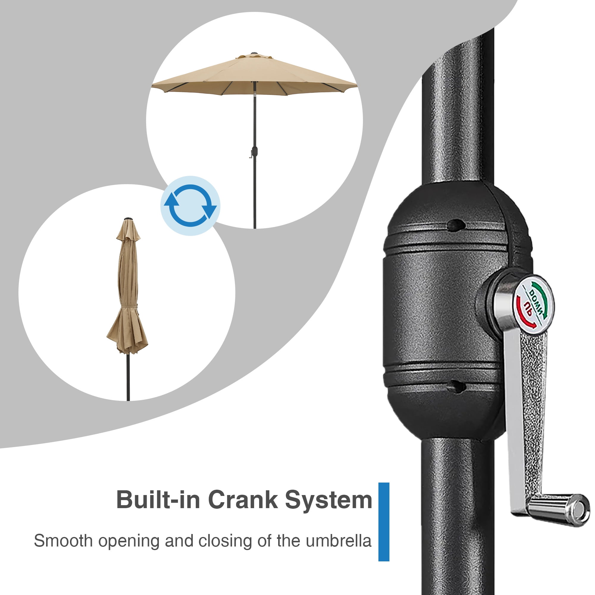 Kool 10FT Outdoor Patio Umbrella with Push Button Tilt and Crank Handle, Market Umbrella with 8 Sturdy Umbrella Ribs, Tan