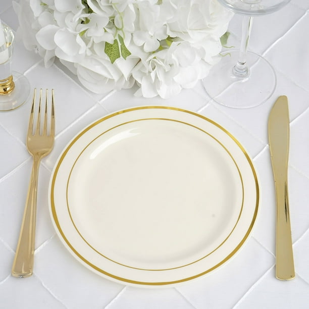 Efavormart 50 Pcs Gold Trimmed Round Disposable Plastic Plate Dinner