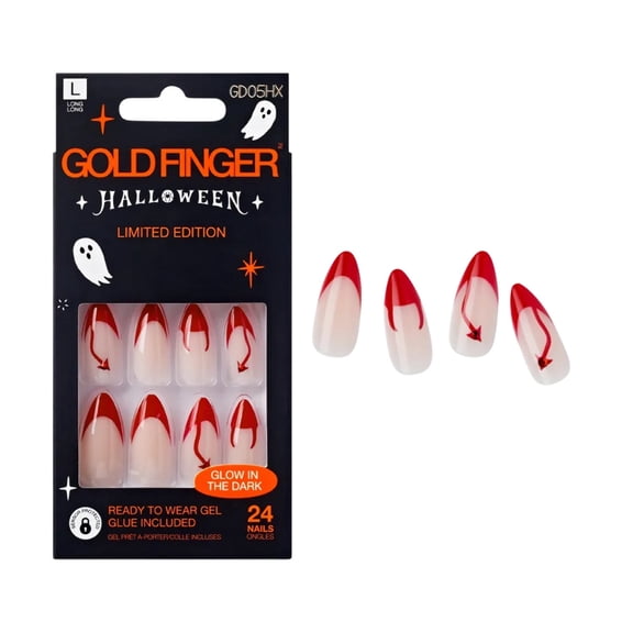 Goldfinger Limited Edition Halloween Instant Gel Nail 24 Set - Vampy Blood Red Nails with Devil Tail, Glow in the Dark Press On Nails Spooky Designs