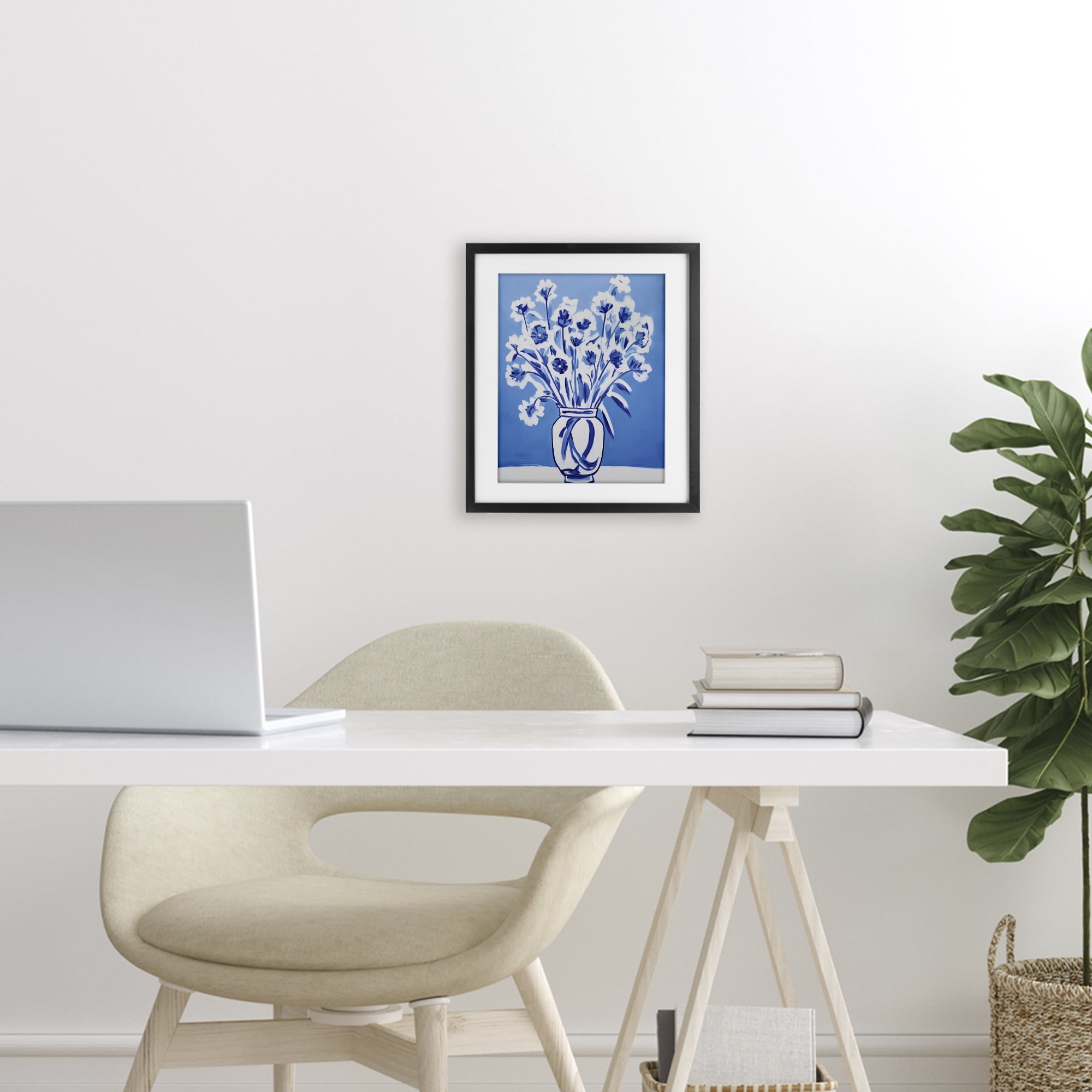 Blue & White Contrast Flowers Black Framed Print Under Glass, design by Lettered and Lined