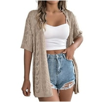 FAIWAD Short Sleeve Cardigan for Women Hollow Out Crochet Solid Color Boho Cardigans Lightweight Open Front Outwear