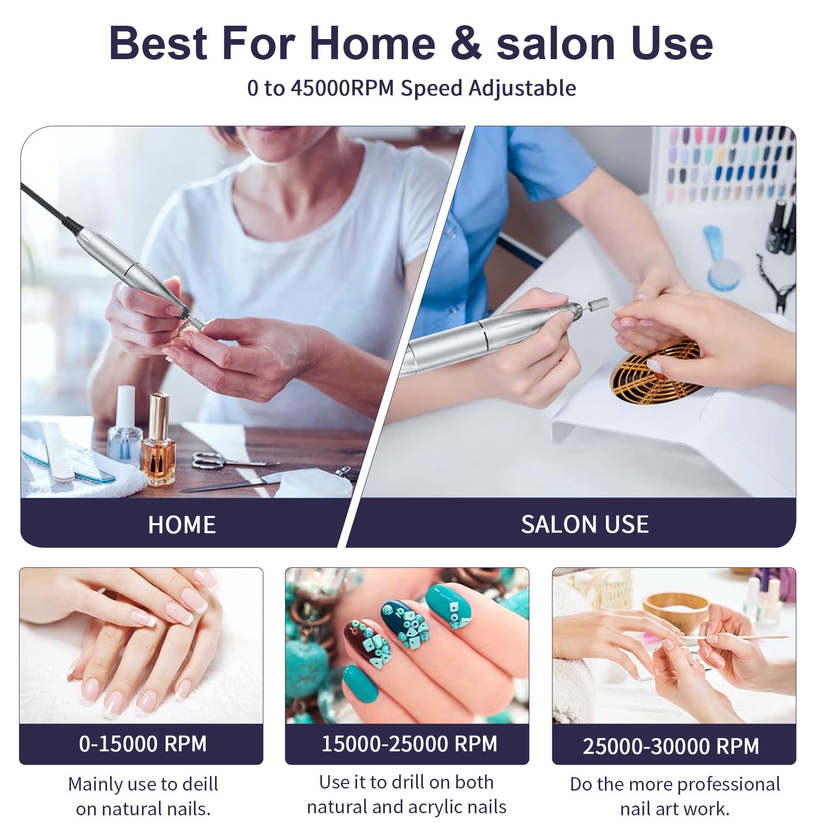 Electric Nails Drill, 45000rpm Portable Electric Nails File, Rechargeable Nails Drill with Bits & Base for Acrylic Gel Nails, Electric File Machine, Manicure Polishing for Home/Salon