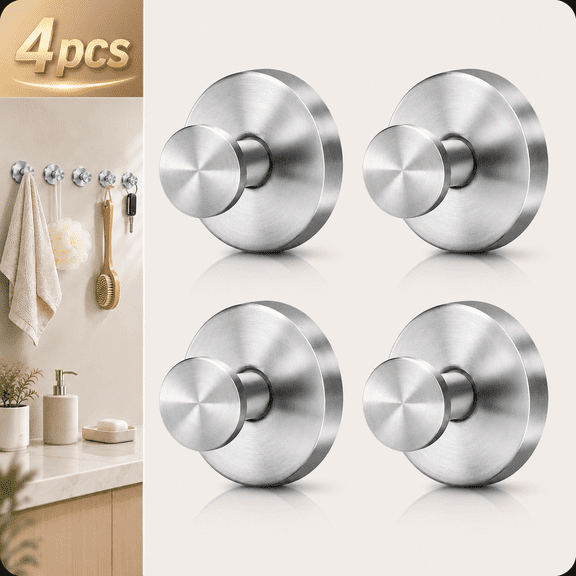 4 PCS - Silver Suction Cup Hooks for Shower Waterproof , No Drill Stainless Steel Towel Hooks for Bathroom Wall, Kitchen, Glass, Mirror, Tile - Ideal for Hanging Towels, Robes, and Loofahs