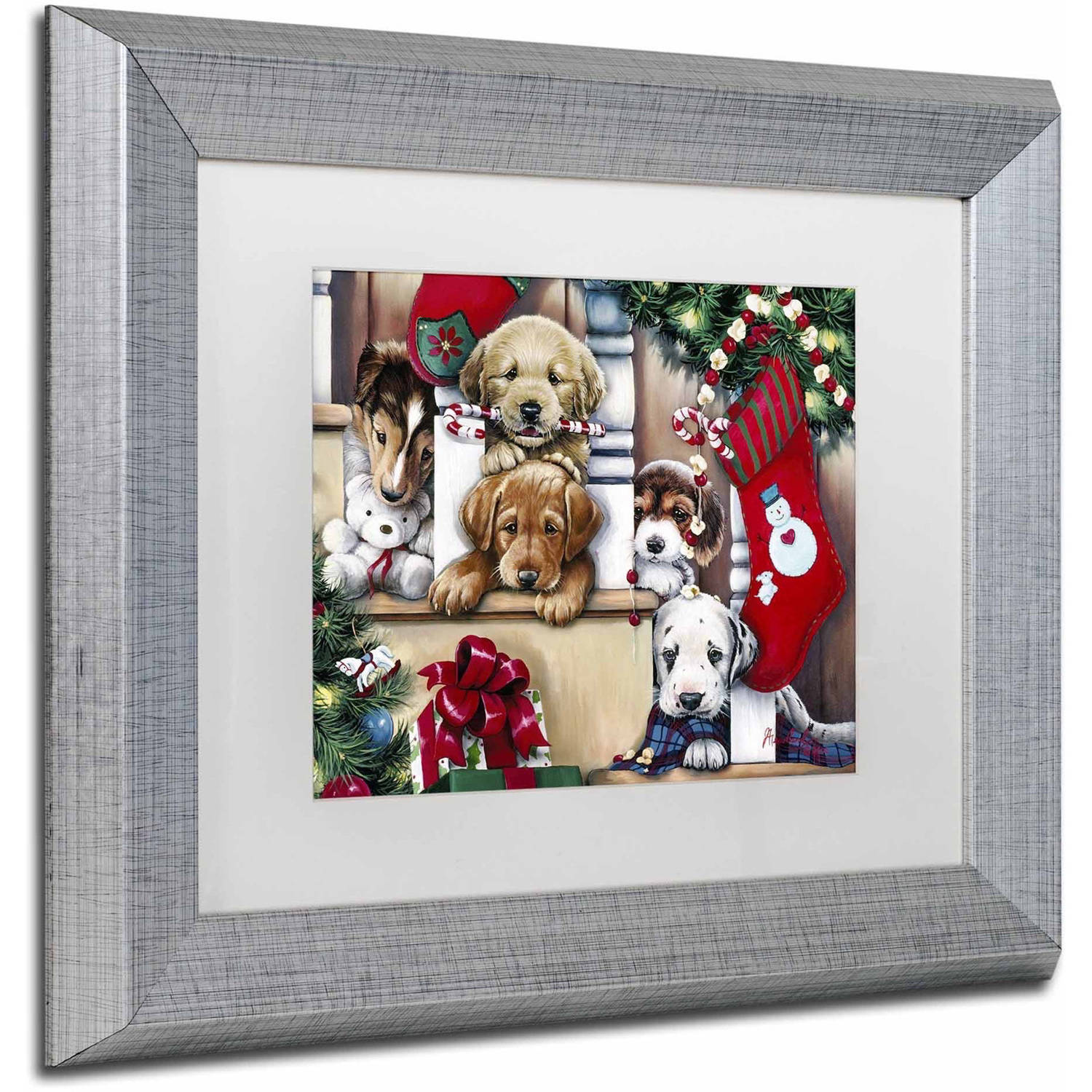 Trademark Fine Art 'Christmas Puppies On The Loose' Canvas Art by Jenny Newland, White Matte, Silver Frame