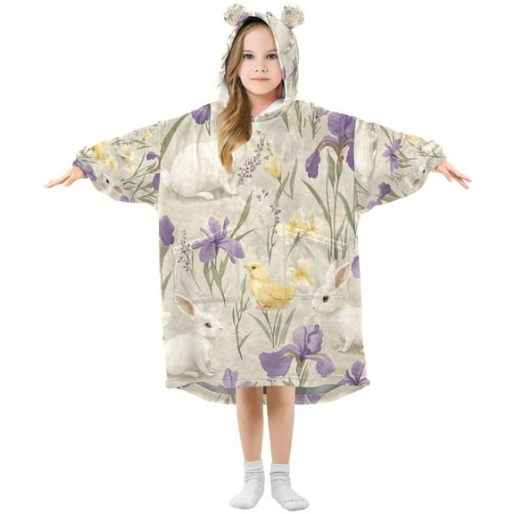 FORMRS Wearable Blanket Hoodie with Sleeves for Kids Cozy Flannel Sweatshirt, Purple Floral Rabbit