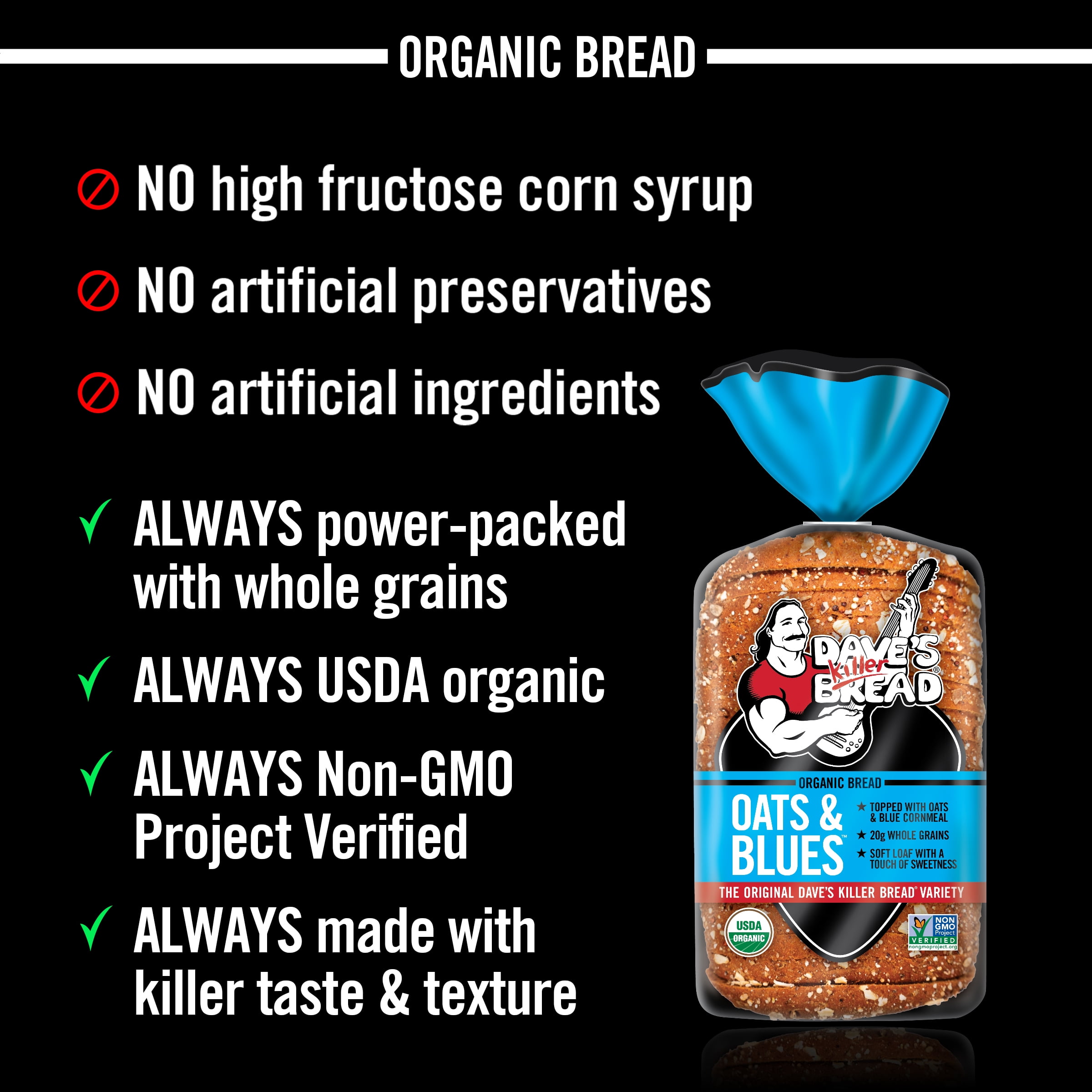 Dave's Killer Bread Organic Oats & Blues Regular Size Loaf, 25 oz, USDA Organic