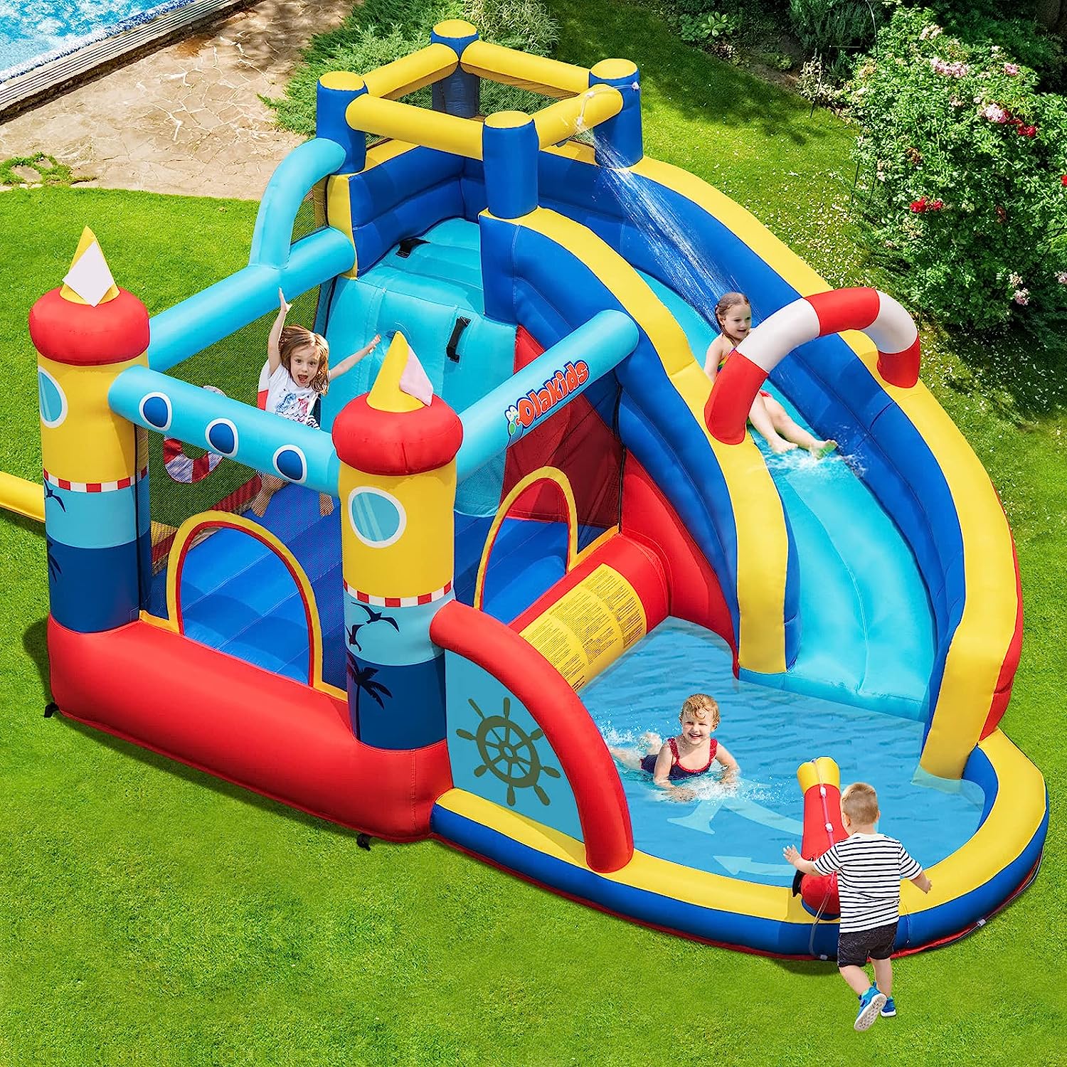 OLAKIDS Inflatable Water Slides, Nautical Themed Bouncy House with Slide, Splash Pool, Climbing Wall, Water Blast, Outdoor Jumping Castle with Hose, Carry Bag, Repairing Kit, Stakes (with Air Blower)