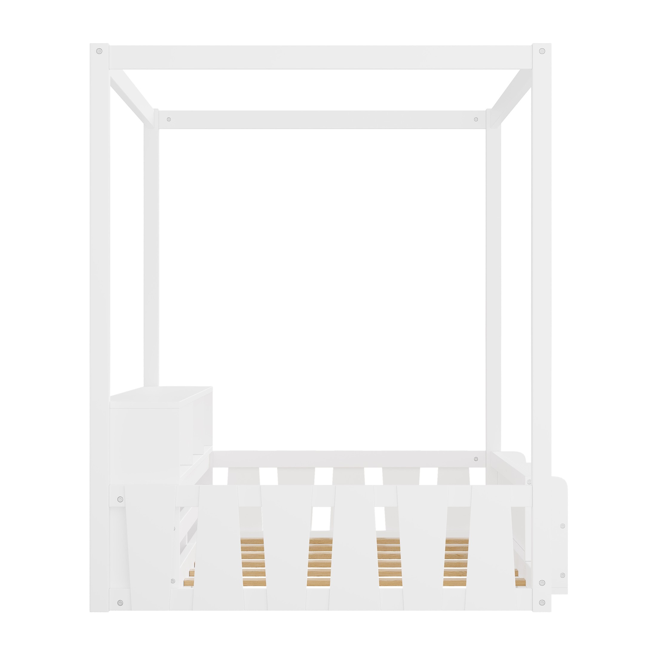 GDF Studio Misol Twin Size Montessori Canopy Floor Bed with Storage & Guardrails, Pine Wood Kids Bed Frame, White