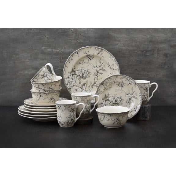 222 Fifth Adelaide Round 16-Piece Porcelain Dinnerware Set, White Toile