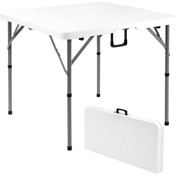 34 Inch Folding Square Card Table Portable Heavy Duty HDPE Fold-in-Half with Carrying Handle White