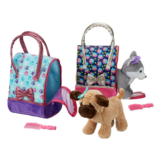 Plush 2 Dogs with Travel Carriers Stuffed Animal Toy Set, 6 Pieces