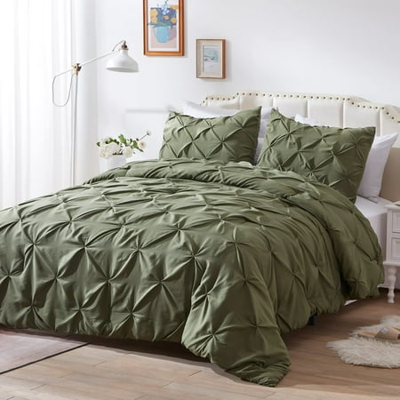 Nexhome Queen Comforter Sets Pintuck Olive Green Comforter Set Soft Pinch Pleat Microfiber Lightweight Down Alternative All Season 3 Pieces Bedding Comforters & Sets（1 Comforter 2 Pillow Shams）