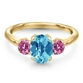 thumbnail image 3 of Gem Stone King 10K Yellow Gold Swiss Blue Topaz and Pink Moissanite Engagement Ring for Women | 1.76 Cttw | Oval Checkerboard 8X6MM | Gemstone November Birthstone | Size 5, 3 of 6