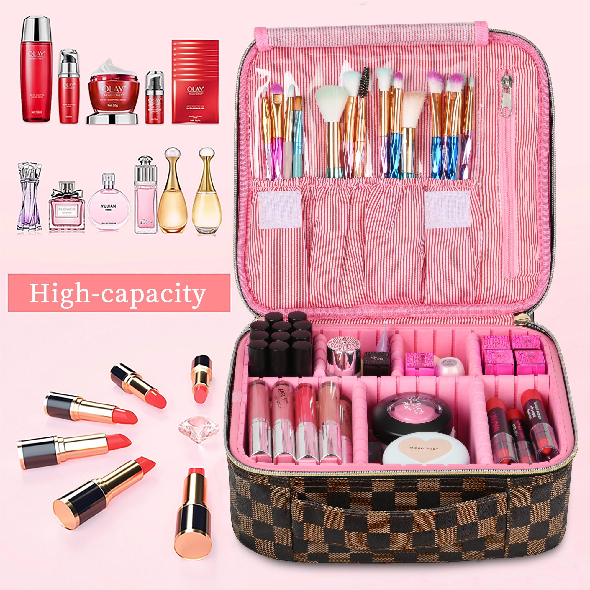  LYDZTION 2 Pieces Makeup Bag Checkered Cosmetic Bag for  Women,Pink Brown Large Makeup Brushes Storage Bag Travel Toiletry Bag  Organizer : Beauty & Personal Care