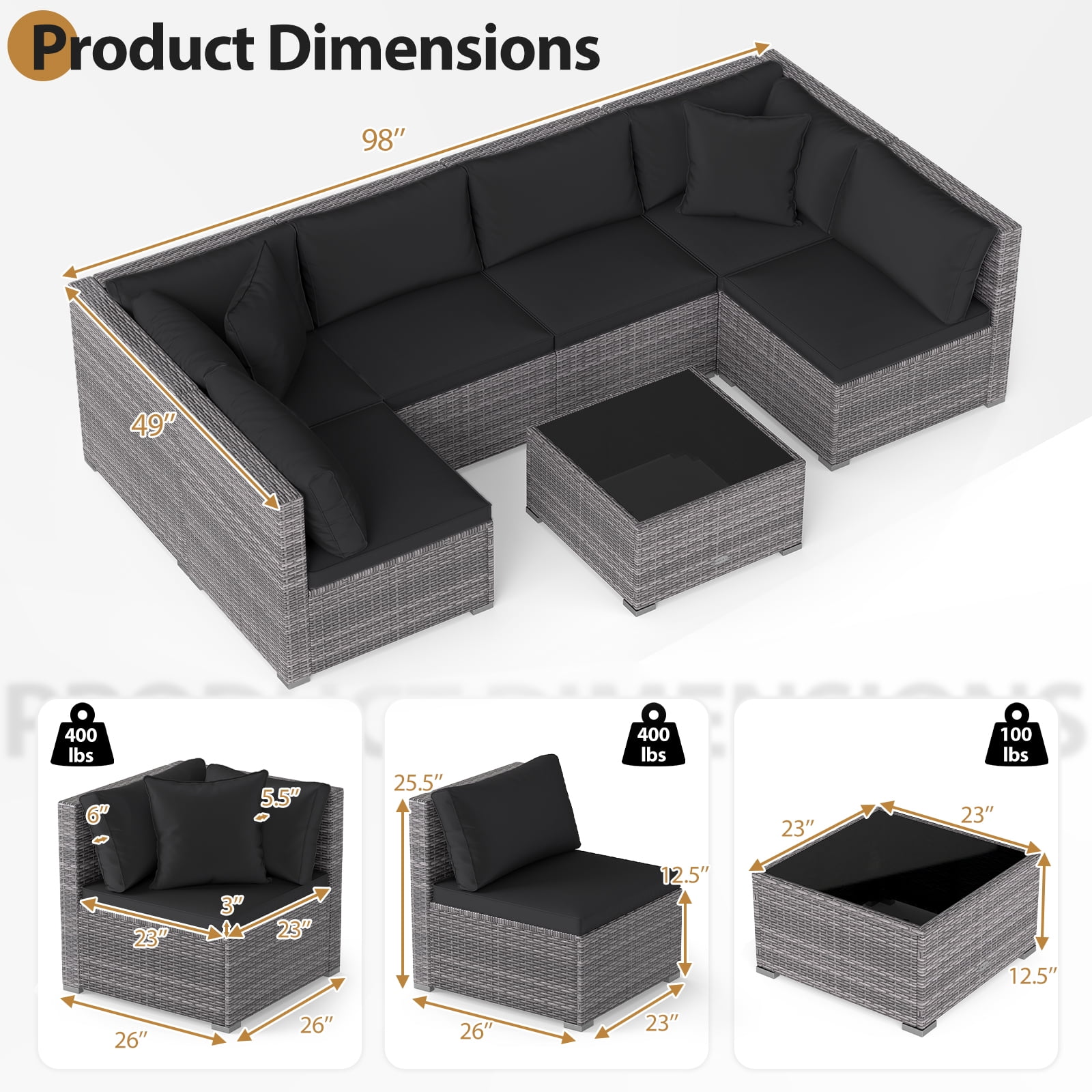 Gymax Set of 7 Patio Furniture Set PE Rattan Sectional Sofas w/ Tempered Glass Coffee Table Black