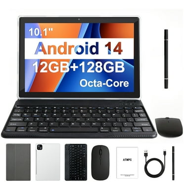 ATMPC Tablet, Android 14 Tablets 10 Inch, 12(4 8)GB RAM 128GB ROM, 1TB Expandable, Octa-Core Tablet with Keyboard, Mouse, Stylus, 1280 * 800 IPS, 6000mAh Battery, WiFi 6,BT 5.4, Dual Camera
