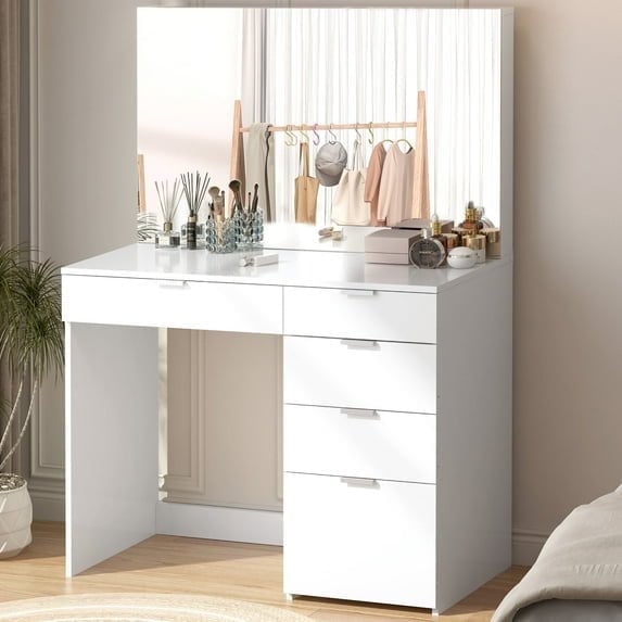 Vebreda Vanity Desk with Large Mirror and 5 Drawers for Bedroom, Dressing Room