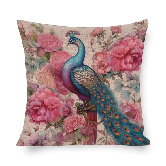 Zippered Pillow Cover Watercolor Peacock in Pink Pillow Cases Pink Floral And Antique Peacock Pillow Cases Standard Size for Living Room Bedroom 16"x16"