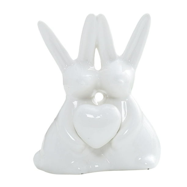 Escultura de cerámica de animal, figura de conejo, pareja de conejos, estatua, decoración de Pascua Blanco