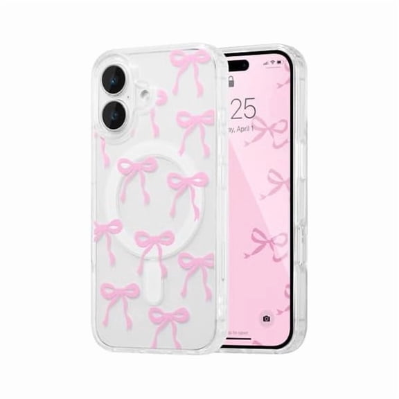 ZHU997 Magnetic for iPhone 17 Case, Bow Case Compatible with MagSafe, Wireless Slim Clear Ribbon Aesthetic Phone Cover Anti-Yellowing Shockproof Protective Cover for Women Girl - Pink