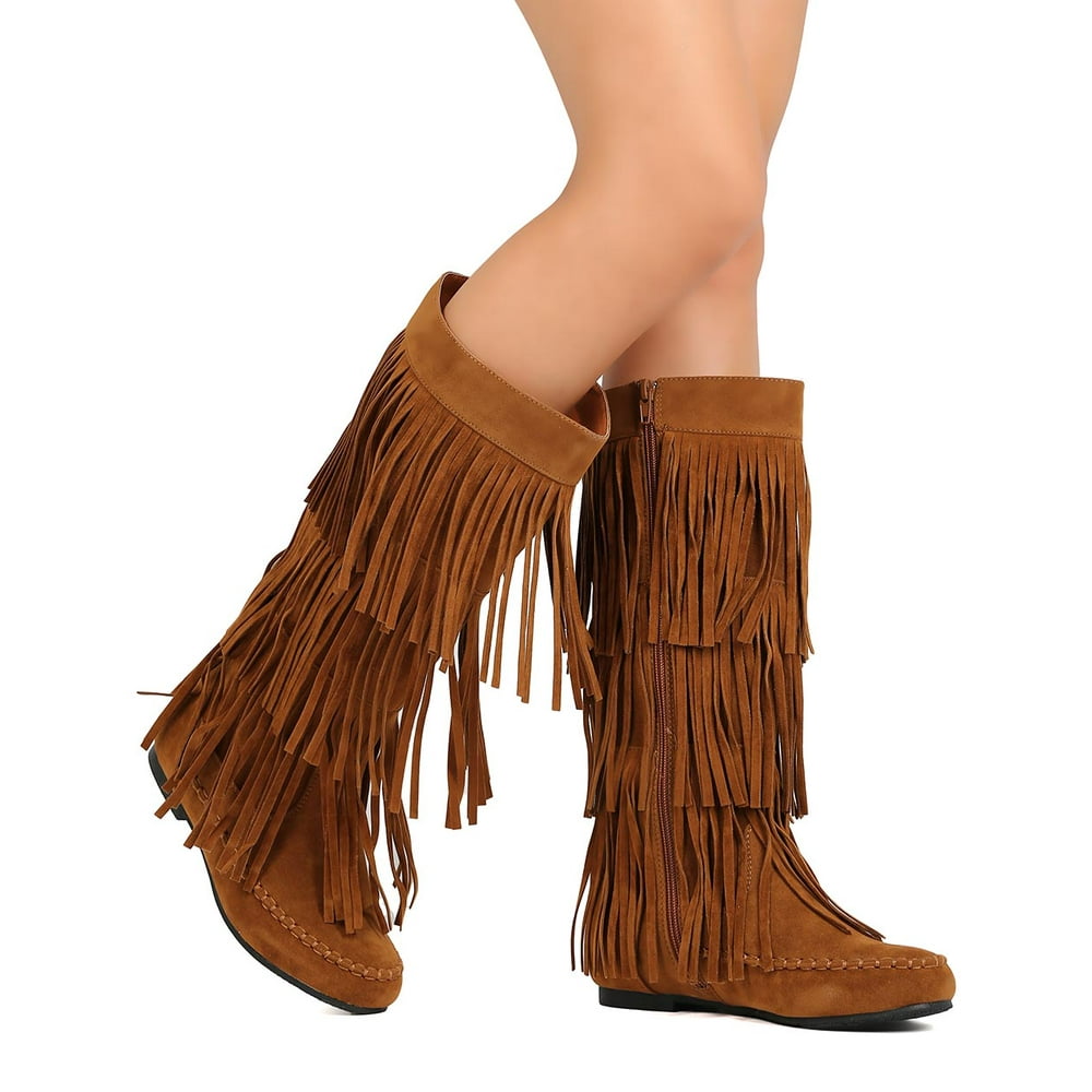 Refresh Refresh Jolin02 Women Knee High Faux Suede Cascading Fringe