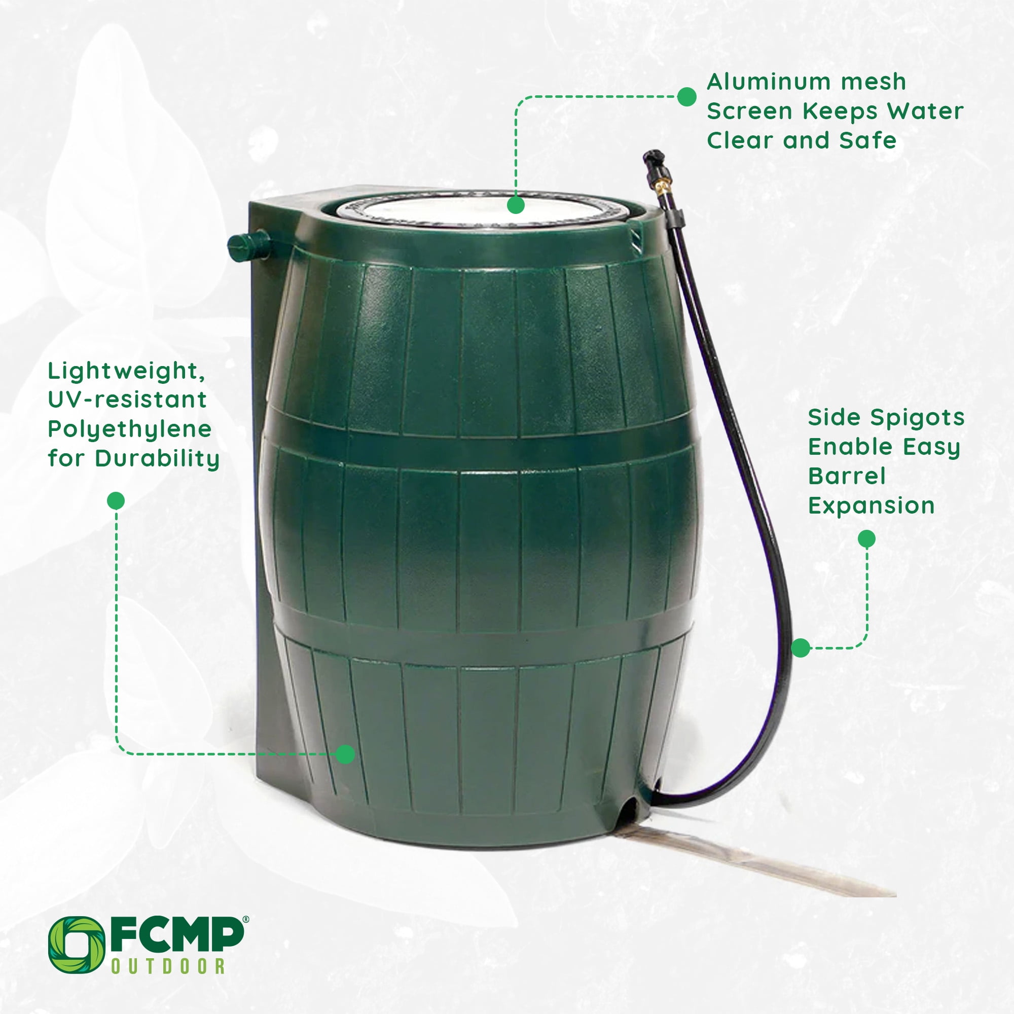 FCMP Outdoor RC4000 Raincatcher 50 Gallon Rain Catcher Barrel, Green