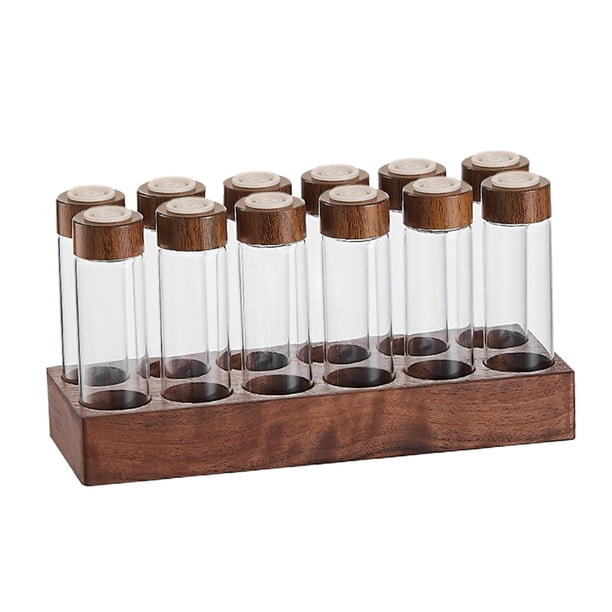 Dispensador de granos de café Contenedores de almacenamiento de granos de café de vidrio Transparente con soporte de madera Tarro de granos de café 12 hoyos 17g perfecl tarro de almacenamiento