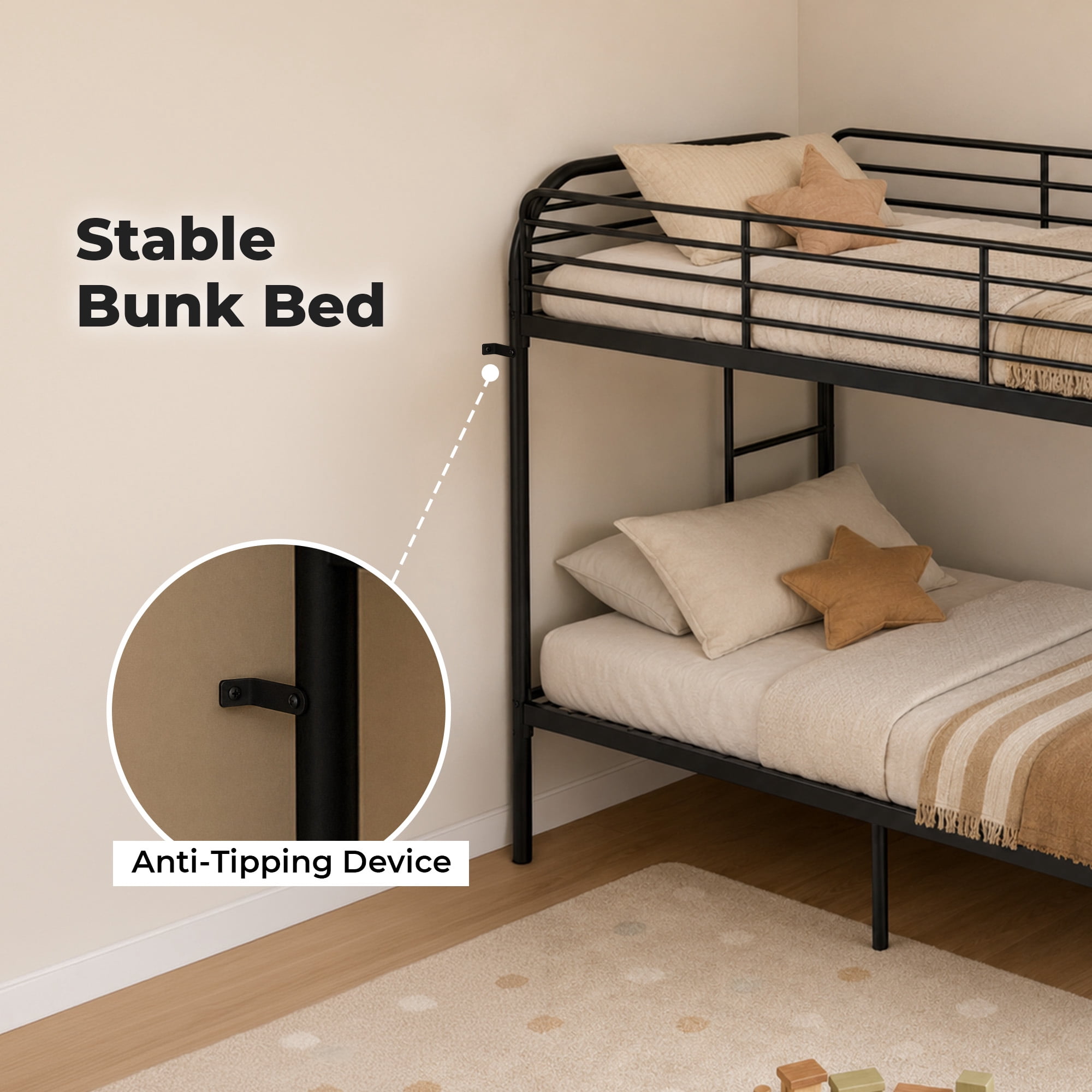 Alvantor Bunk Bed Twin over Twin, Metal Bunk Bed for Kids with Ladder Black