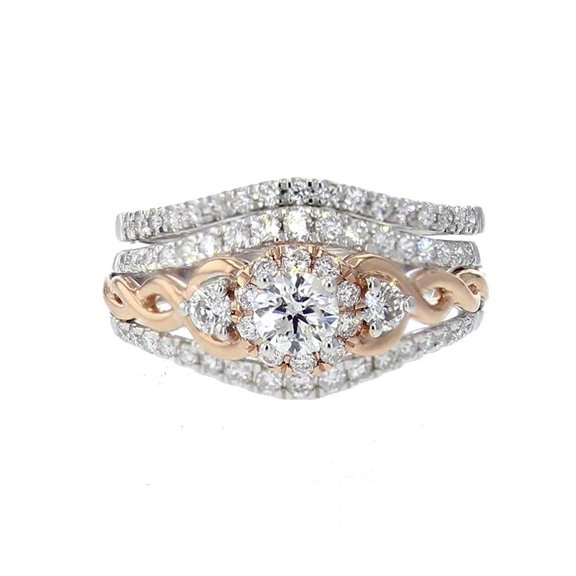 Diamond Ring Set for Her 14K White and Rose Gold 0.90ctw Chevron Style Wide Set