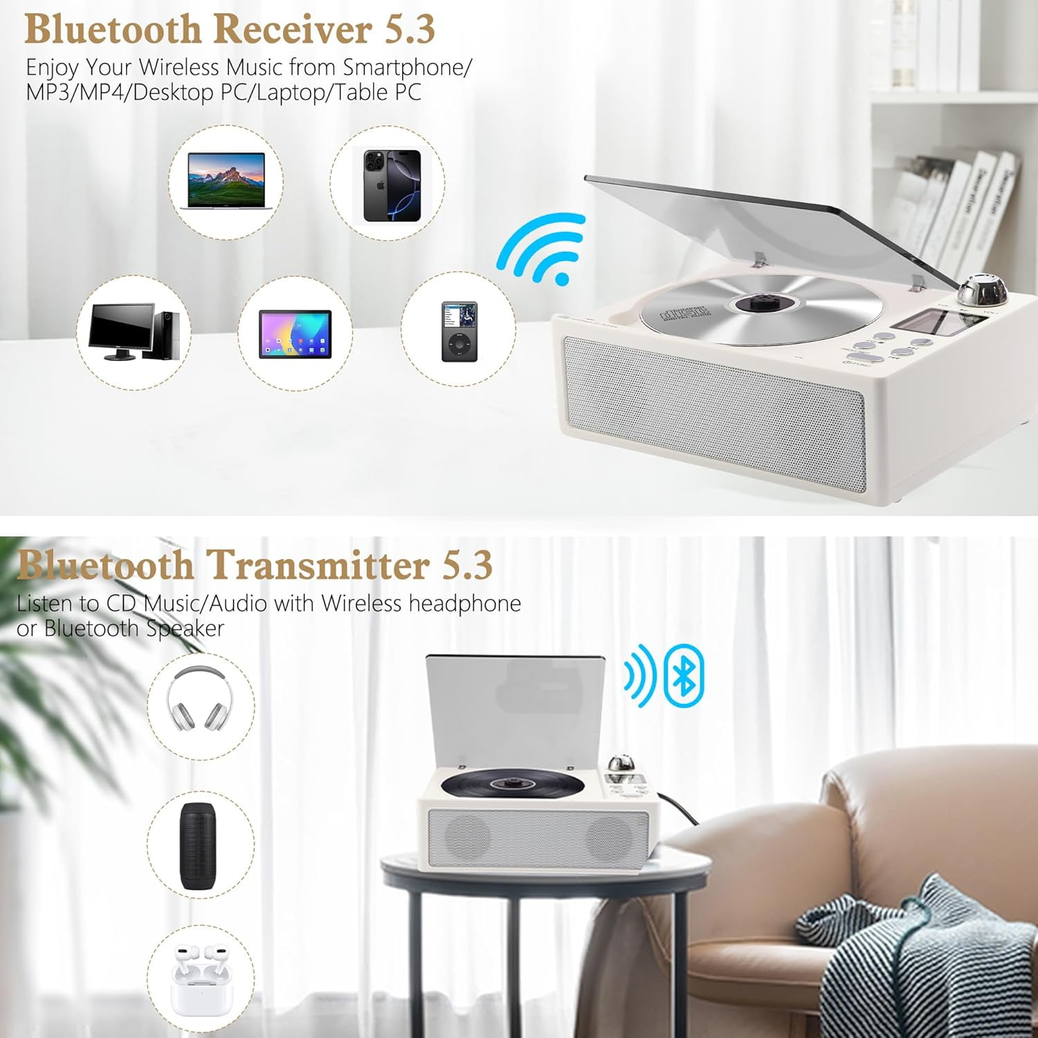CD Player Boombox with LCD Screen Display, Bluetooth Rechargeable Boombox with CD-R/RW/MP3 Playback, Desktop CD Music Players for Home, Dual Stereo Sound, FM Radio/AUX/USB/TF