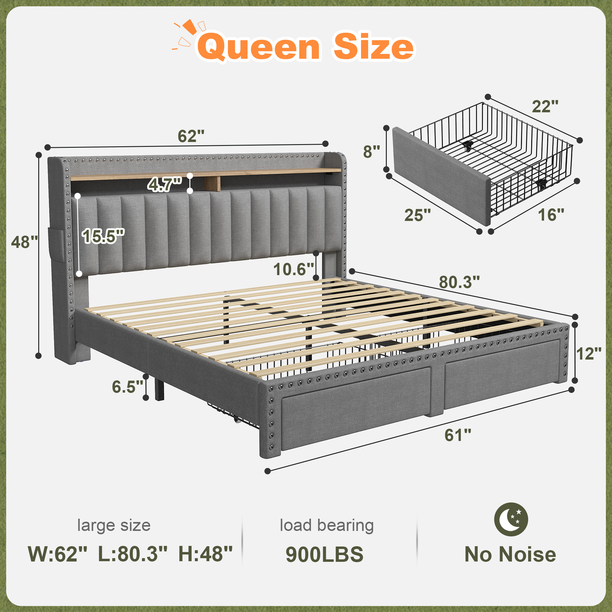 Queen Size Bed Frame with Headboard Bed Frame with 2 Drawers Bed Frame with Storage,Gray