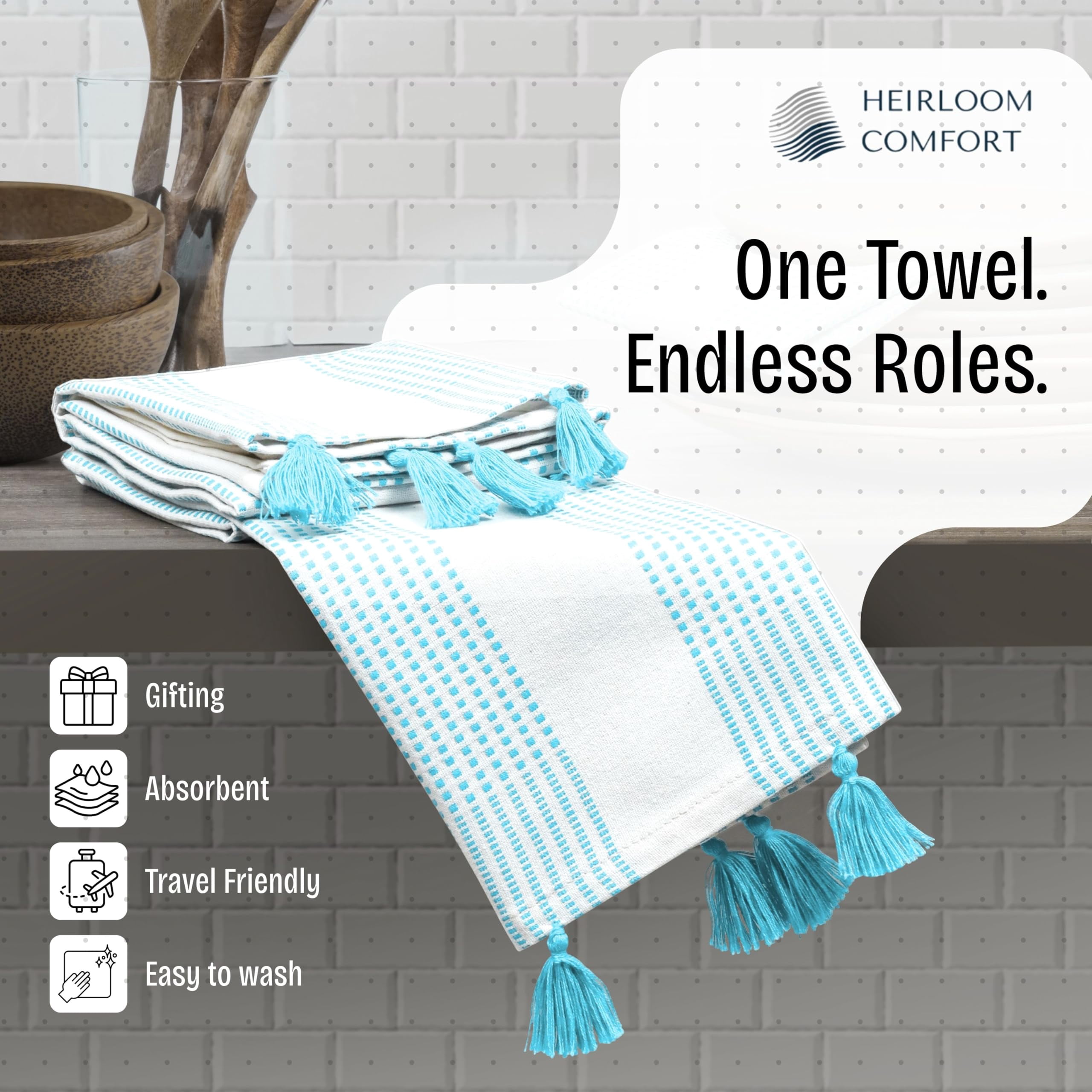 HEIRLOOM COMFORT Aqua Blue Decorative Dotted Kitchen Towels 16x26 Inch, 3 Pack, Super Absorbent, Soft, 100% Cotton Dish Towels with Tassels, Quick-Dry Dishcloths for Everyday Use and Cleaning Dishes