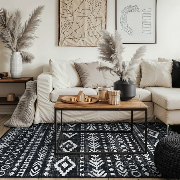 Moynesa 6'x9' Area Rug for Living Room Farmhouse Moroccan Washable Rugs Rustic Tribal Soft Bedroom Rug Large Non Slip Foldable Rug Boho Accent Carpet,Black White