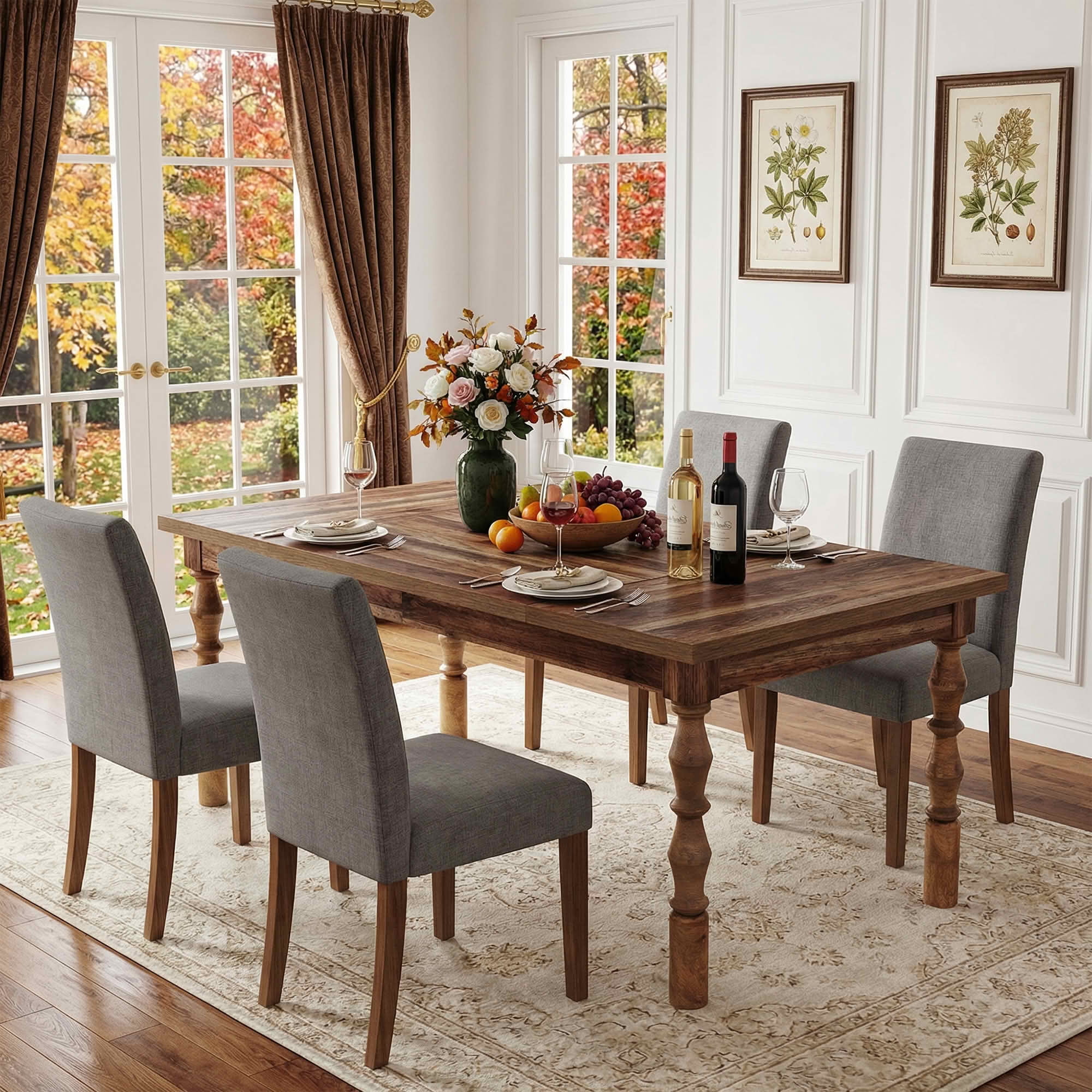 MAYEERTY 62 Inch Rectangular Dining Table, Walnut Kitchen Dinner Table with Carved Turned Legs for 4 to 6 People