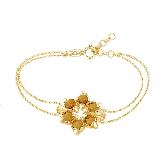 AFFY Round Shape Simulated Citrine Flower Chain Bracelets In 14k Yellow Gold Over Sterling Silver -7.5"