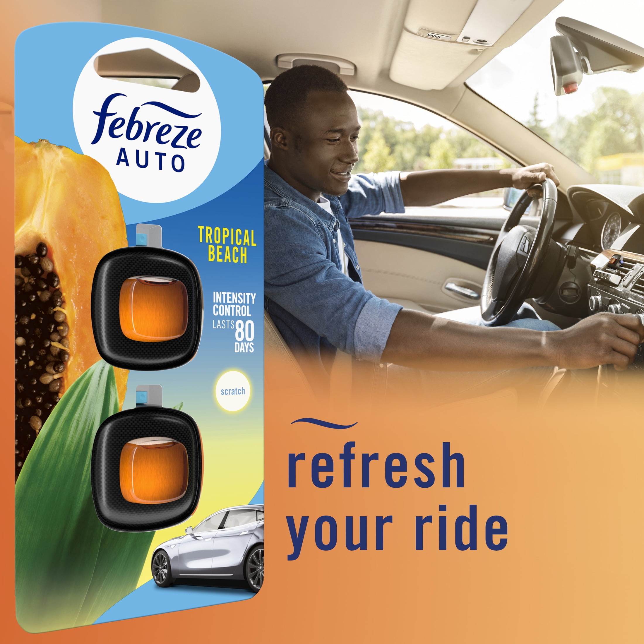 (2 pack) Febreze AUTO Car Air Freshener, Odor-Fighting Car Vent Clip, Tropical Beach, 2 Count
