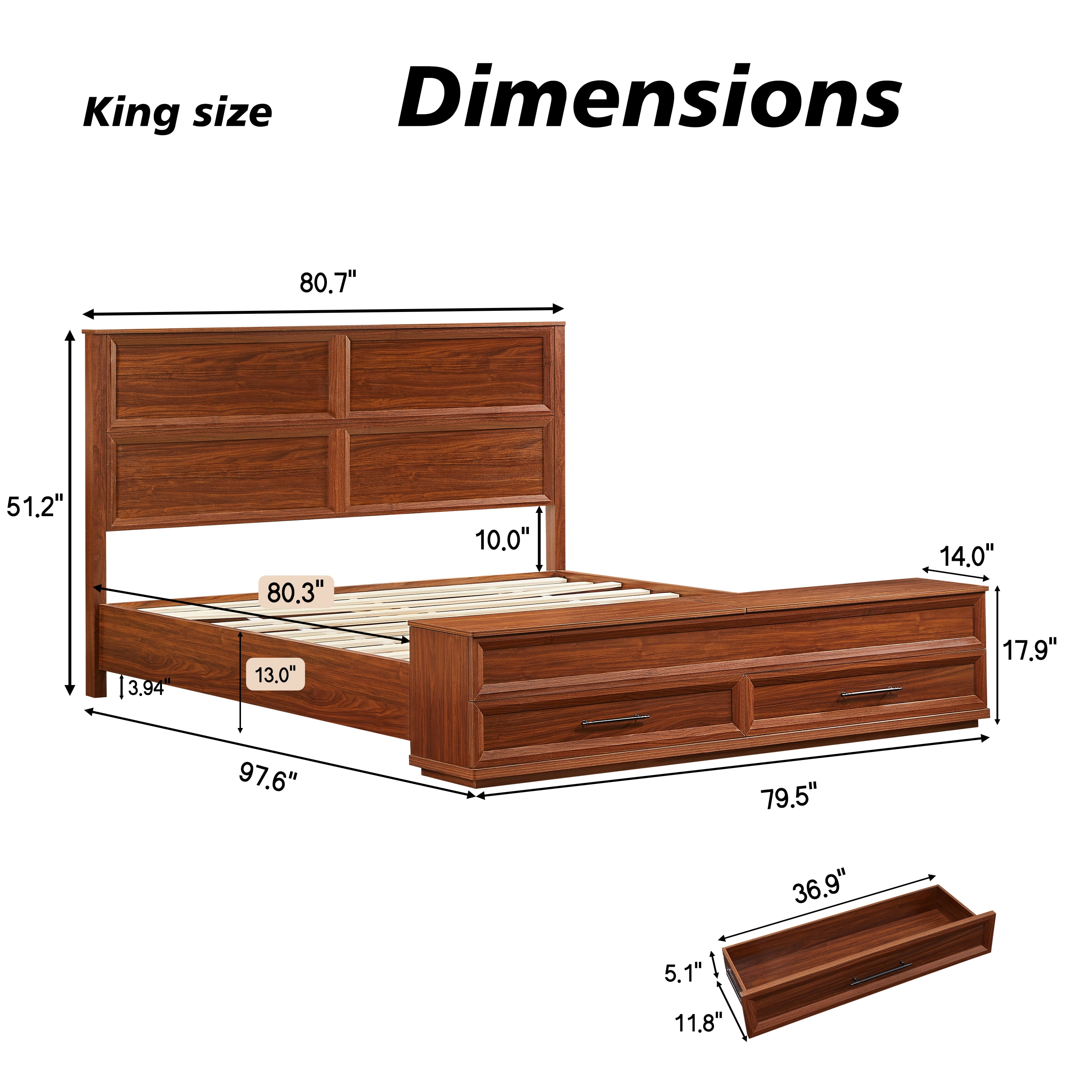 King Size Bed with 3D Geometric Headboard & Storage Bench, 4-Drawer Under-Bed Storage, Modern Wood Platform Bed Frame for Bedroom, Walnut