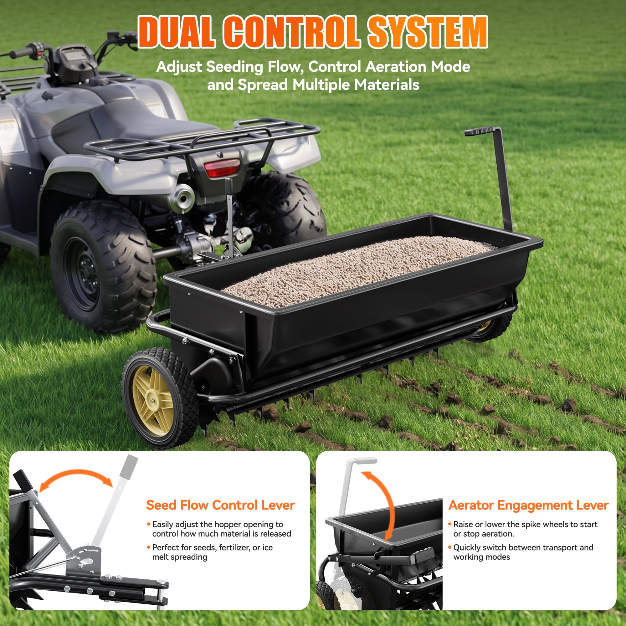 2-in-1 32" Tow Behind Lawn Spreader & Spike Aerator, 100 lbs Broadcast Seeder with 72 Aeration Tines, Universal Hitch for ATV, UTV & Garden Tractors