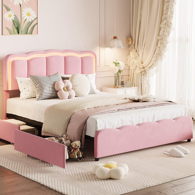 Queen Size Bed Frame with 2 Drawers and LED Lighting – Upholstered Platform Bed with Adjustable Headboard, Wooden Slat Support, No Box Spring Needed, Pink