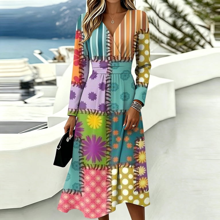 color block formal dress TBKOMH Women's Casual Plaid Print Long Sleeve V-Neck with Pockets COUNT-11