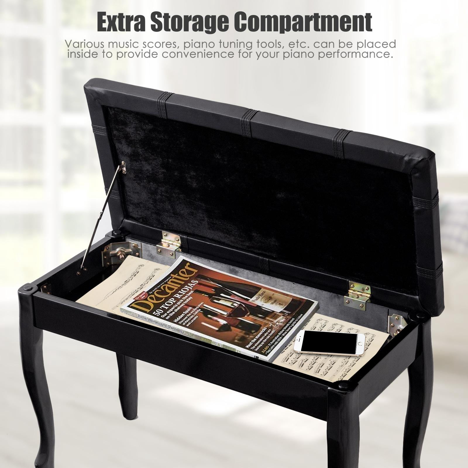 Giantex Piano Bench Stool, Heavy Duty Piano Duet Seat w/Padded Cushion, Music Storag & Solid Wooden Legs, Black