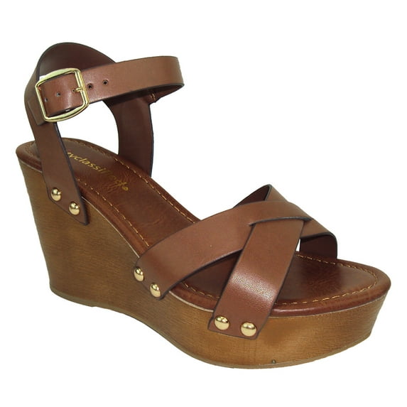 City Classified Women Wedge Platform Sandals Open Toe Flatform Ankle Buckle Strap klaris-s Tan Brown 5.5